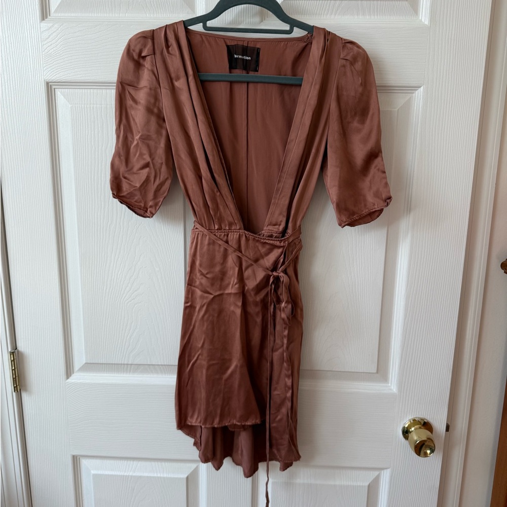 Reformation Silk Wrap Mini Dress in Praline Mauve Small